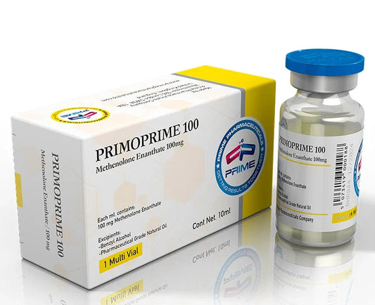 Frasco y caja de Primoprime 100, methenolone enanthate 100mg, suplemento para culturismo.