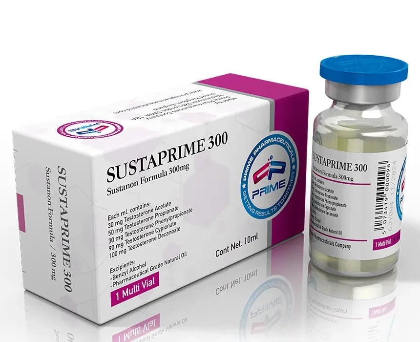 Frasco y caja de Sustaprime 300, fórmula de testosterona para culturismo y alto rendimiento