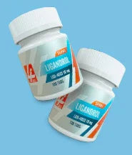 Frascos de suplemento Ligandrol para culturismo y fitness sobre fondo azul.