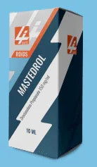 Caja de suplemento deportivo Mastedrol 10 ml, propionato de drostanolona, fondo azul.