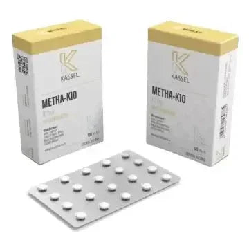 Cajas de Metha-K10 Kassel Pharma y blí­ster de tabletas, suplemento para fuerza y masa muscular