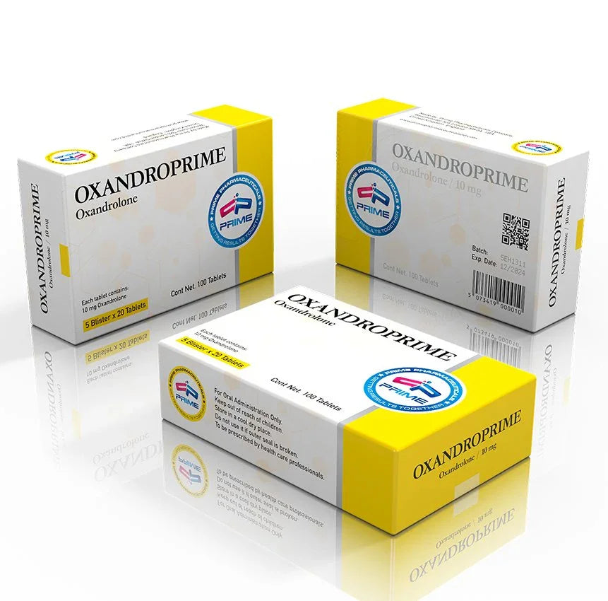 Cajas de Oxandroprime Oxandrolone 10 mg, suplemento oral para volumen y definición en fitness.