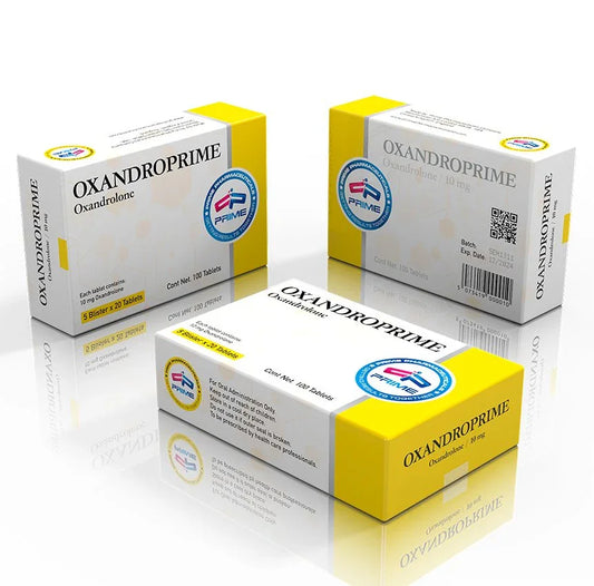 Cajas de Oxandroprime Oxandrolone 10 mg, suplemento oral para volumen y definición en fitness.
