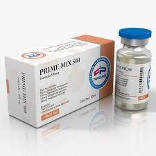 Caja y frasco de Prime-Mix 500, suplemento inyectable para volumen muscular en fitness