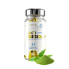Frasco de cápsulas Anti Obesidad para fitness junto a polvo verde natural, suplemento deportivo